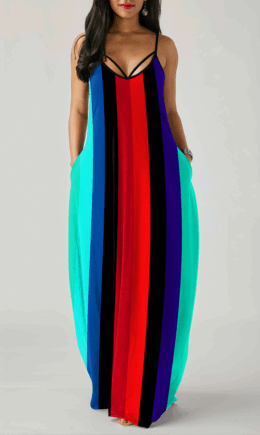 Casual Striped Split Joint Spaghetti Strap Printed Dress Dresses