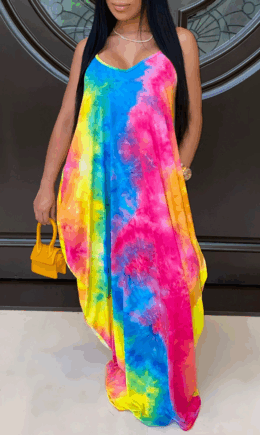 Sexy Patchwork Tie-dye Spaghetti Strap Printed Dress Dresses