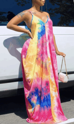 Sexy Patchwork Tie-dye Spaghetti Strap Printed Dress Dresses