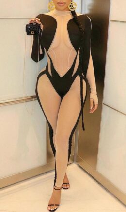 Sexy Patchwork Mesh Half A Turtleneck Skinny Jumpsuits