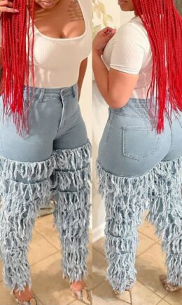 Fashion Casual Solid Tassel Mid Waist Regular Jeans