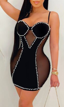 Fashion Sexy Patchwork Hollowed Out See-through Square Collar Sling Dress