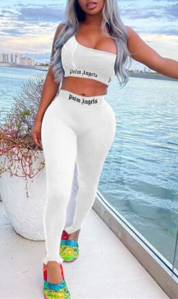 Casual Sportswear Letter Print Basic One Shoulder Sleeveless Two Pieces