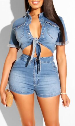 Sexy Casual Solid Strap Design Turndown Collar Short Sleeve Two Pieces