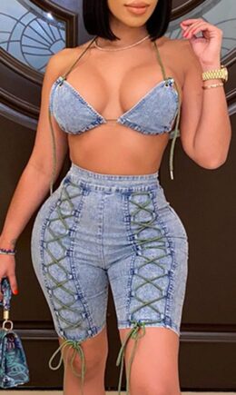 Fashion Sexy Solid Backless Strap Design Halter Sleeveless Two Pieces