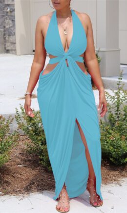 Fashion Sexy Solid Hollowed Out Backless Slit Halter Sleeveless Dress