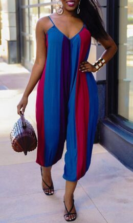 Sexy Casual Striped Print Backless V Neck Regular Jumpsuits