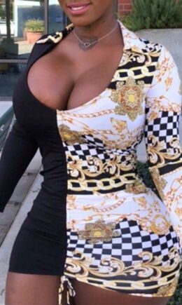 Fashion Sexy Print Split Joint Turndown Collar Long Sleeve Dresses