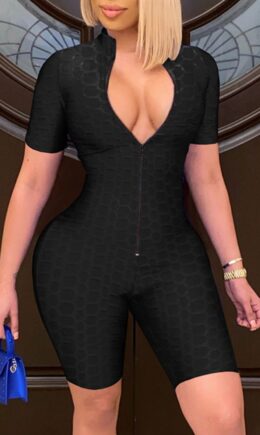 Fashion Casual Solid Basic Zipper Collar Skinny Romper