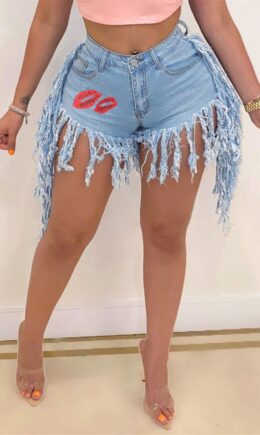 Fashion Sexy Print Tassel Mid Waist Straight Jeans