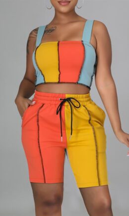 Fashion Casual Patchwork Backless Square Collar Sleeveless Two Pieces