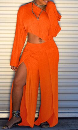 Sexy Fashion Split Solid Patchwork Loose Two-piece Pants Set