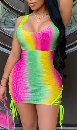 Rainbow Color Fashion Sexy Print Strap Design U Neck Vest Dress