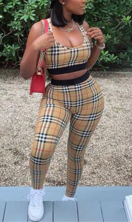 Fashion Casual Sleeveless U Neck Tank Short Plaid Print Two Pieces