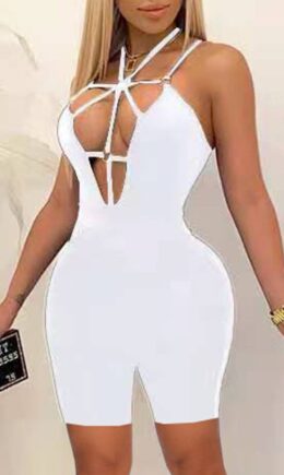 Fashion Sexy Solid Hollowed Out Backless Spaghetti Strap Skinny Romper