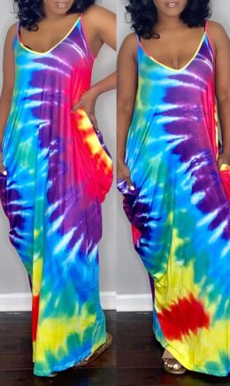 Sexy Casual Print Tie Dye Backless V Neck Sling Dress