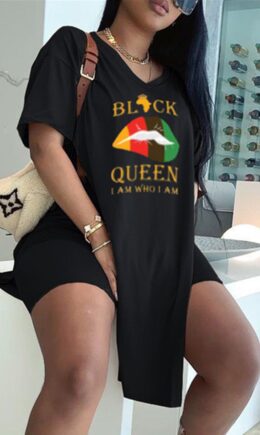 Fashion Casual Letter Lips Printed Slit V Neck Short Sleeve Two Pieces
