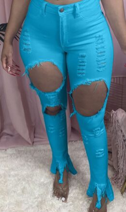 Fashion Casual Solid Ripped Skinny Broken Hole Trousers