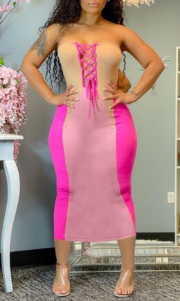 Sexy Casual Patchwork Backless Strap Design Strapless Sleeveless Dress