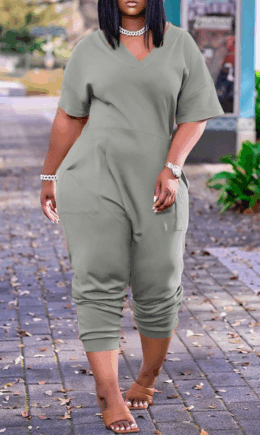 Casual Solid Split Joint V Neck Straight Jumpsuits