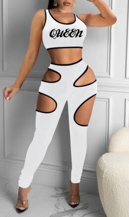 Sexy Casual Letter Print Hollowed Out O Neck Sleeveless Two Pieces