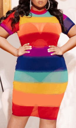 Rainbow Color Sexy Print Split Joint Half A Turtleneck Pencil Skirt Plus Size Dresses