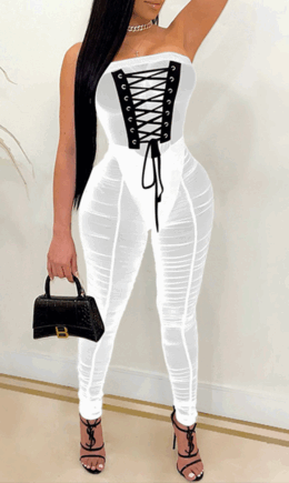 Sexy Patchwork Mesh Strapless Skinny Jumpsuits