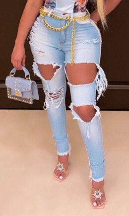 Fashion Sexy Pierced Ripped High Waist Regular Denim Jeans