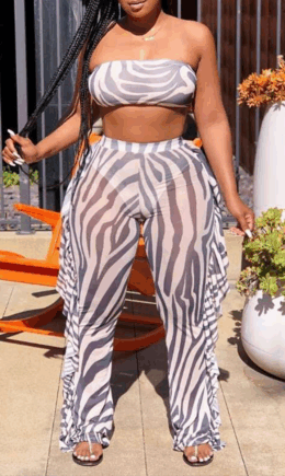 Sexy Print Flounce Mesh Strapless Sleeveless Three Pieces