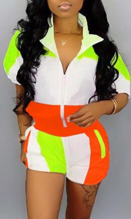 Casual Sportswear Patchwork Basic Zipper Collar Half Sleeve Two Pieces