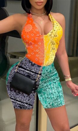 Fashion Sexy Print Split Joint Backless Halter Regular Romper