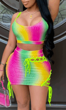 Sexy Patchwork Hollowed Out Tie-dye Spaghetti Strap Sleeveless Two Pieces