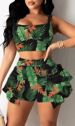 Sexy Print Split Joint Flounce Square Collar Sleeveless Two Pieces