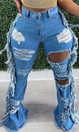 Fashion Casual Solid Tassel Ripped High Waist Regular Denim Jeans