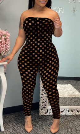 Fashion Sexy Solid Ripped Hollowed Out Strapless Regular Jumpsuits