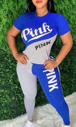 Fashion Casual Letter Print Split Joint O Neck Short Sleeve Two Pieces