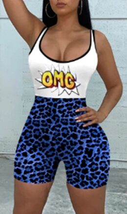 Fashion Casual Print Split Joint U Neck Sleeveless Skinny Romper