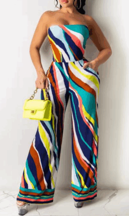 Sexy Print Split Joint Strapless Straight Jumpsuits