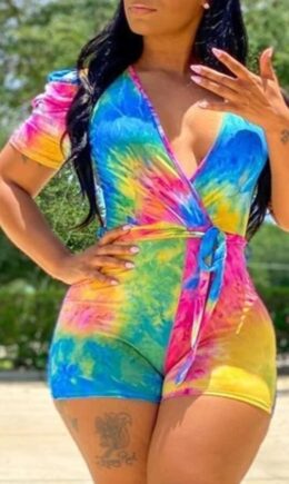 multicolor Fashion Casual Print Tie-dyed Short Sleeve V Neck Jumpsuits
