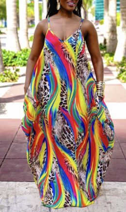 Rainbow Color Sexy Casual Print Backless V Neck Sling Dress