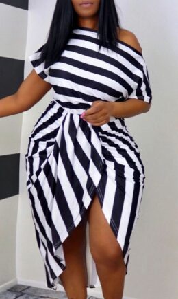 Fashion Casual Striped Print Asymmetrical Oblique Collar Short Sleeve Dress Plus Size Dresses