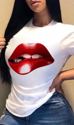 Fashion Casual Lips Printed Basic O Neck T-Shirts