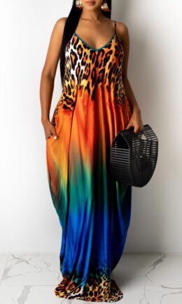 Sexy Casual Print Backless V Neck Sling Loose Dress