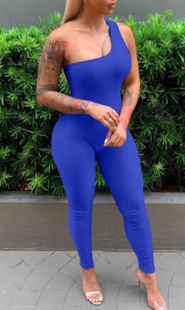 Sexy Casual Solid Backless One Shoulder Skinny Jumpsuits
