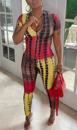 Fashion Casual Print Basic Zipper Collar Regular Jumpsuits