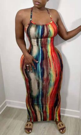 Fashion Sexy Print Backless Slit Spaghetti Strap Sleeveless Dress