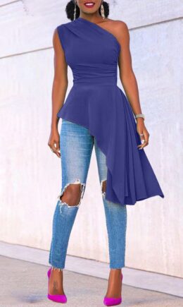 Fashion Casual Solid Asymmetrical Oblique Collar Tops