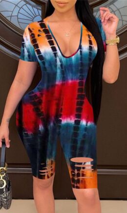 Fashion Casual Print Tie Dye Ripped V Neck Skinny Romper