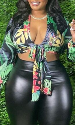 Fashion Casual Print Strap Design V Neck Tops