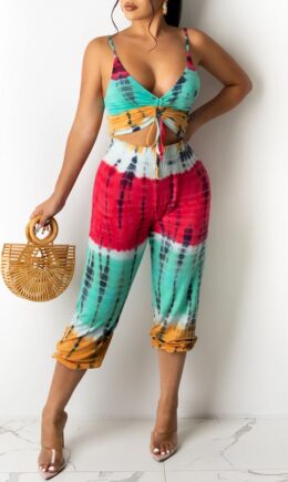 Sexy Casual Print Tie Dye Backless V Neck Sleeveless Two Pieces